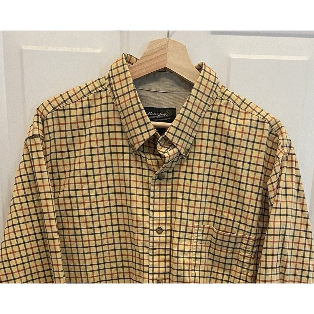 Eddie Bauer Casual‎ Flannel Shirt Men XL Yellow Plaid Long Sleeve Heavyweight